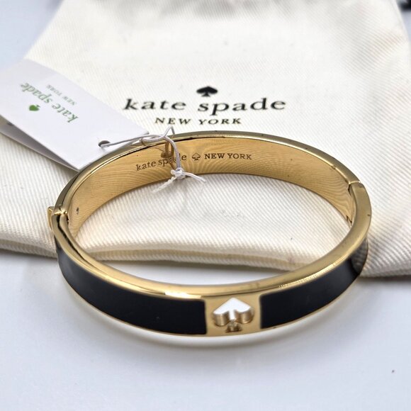 Kate Spade Bracelet Black Enamel Hole Punch Spade Gold Plate Hinged Bangle - Picture 3 of 12